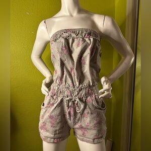 Spoon Jeans Gray Denim Strapless Shorts Romper with Floral Design